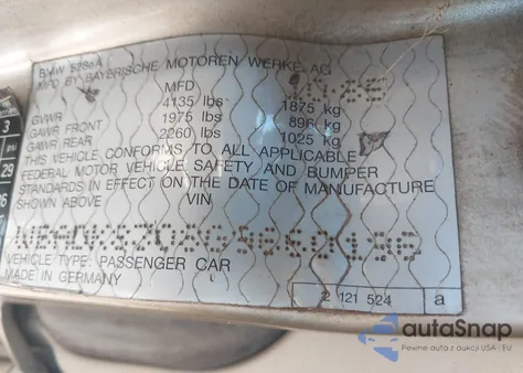 1986 BMW 528 E Automatic z USA, uszkodzony, nr VIN WBADK8308G9660196